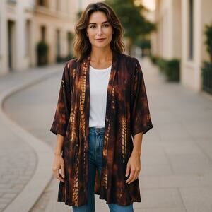 Coin 1804 Women's Elegant Tie-Dye Kimono Jacket Brown Black Gold 2X